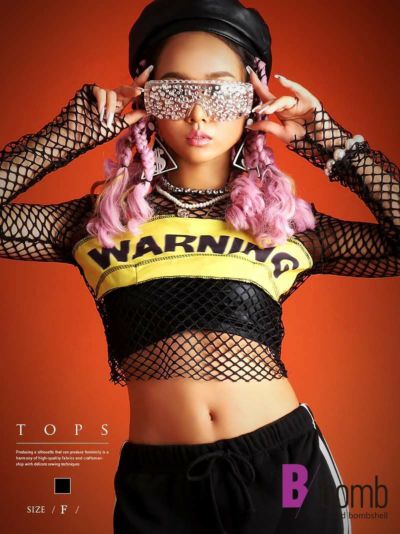 sexyメッシュ長袖カットソートップス ストリート系【B/bomb】(フリーサイズ)(ブラック)