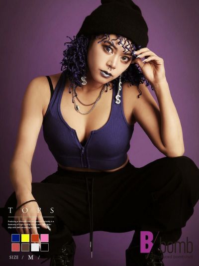 【メール便対応】リブニットワンカラーフロントジップミニ丈タンクトップ【ダンス衣装通販bombshell/ボムシェル】(M)(チェリーピンク/ピンク/ブラック/モカ/オレンジ/イエロー/ブルー/ホワイト)