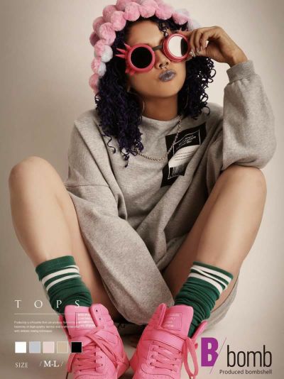 スーパーセール￥1408→￥640！ プリントオーバーサイズトップス【ダンス衣装通販bombshell/ボムシェル】(M-L)(ブラック/オートミール/ウォームトープ/グレー/ピンクベージュ)