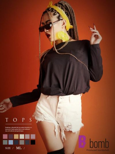 SALE￥1298→￥649！ 【メール便対応】ワンカラーBIGサイズ長袖トップス【ダンス衣装通販bombshell/ボムシェル】(M-L)(ブラック/杢グレー/アイボリー/ベージュ/マスタード/グリーン/パープル/モカ/ブルー/アズキ/チ