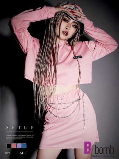 ワンカラースウェットミニスカート長袖セットアップ【ダンス衣装通販bombshell/ボムシェル】(M)(ブラック/ピンク/パープル/ブルー)