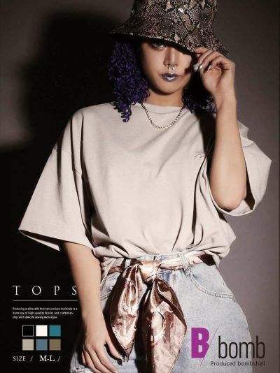 SALE￥1188→￥594！ 刺繍ロゴオーバーサイズTシャツ ストリート系【B/bomb】(M-L)(ブラック/キナリ/ベージュ/モカ/ブルー/サックス)