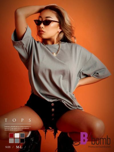 SALE￥1188→￥594！ 【メール便対応】BIGサイズ英字ロゴ入り半袖トップス【ダンス衣装通販bombshell/ボムシェル】(M-L)(ブラック/キナリ/チャコールグレー/モカ/レッド/カーキ)