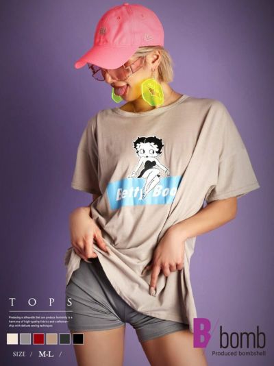 ロゴプリントベティちゃん半袖ビッグTシャツ ストリート系【B/bomb】(M-L)(ブラック/オフホワイト/レッド/グレー/ベージュ/チャコールグレー)