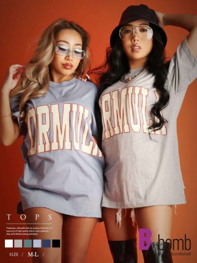 【SALE!￥1078→￥539】ビッグカレッジロゴオーバサイズトップス ストリート系【B/bomb】(M-L)(ブラック/ホワイト/杢グレー/サックス/グリーン/インクブルー)