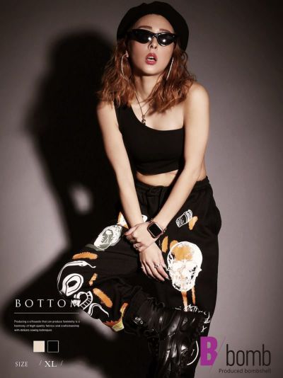 SALE￥2398→￥2158！ グラフィティプリント派手スウェットロングパンツ【ダンス衣装通販bombshell/ボムシェル】(XL)(ブラック/アイボリー)