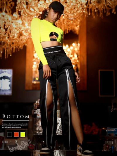 SALE￥1518→￥1366！ ジップスリットナイロンジャージロングパンツ ダンス衣装【bombshell】(フリーサイズ)(ブラック/イエロー/オレンジ)