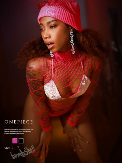 ストーン付きSEXYメッシュボディスーツ ダンス衣装【bombshell】(フリーサイズ)(ブラック/ピンク)
