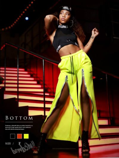 フロントスリットワイドジャージパンツ【ダンス衣装通販bombshell/ボムシェル】(フリーサイズ)(ブラック/イエロー/オレンジ)