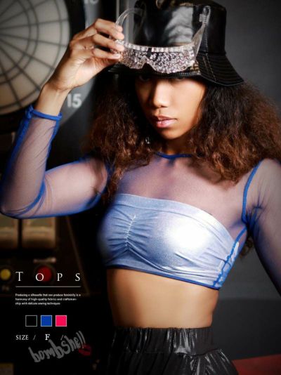 SALE￥1518→￥759！ メッシュシースルーショート丈長袖トップス ダンス衣装【bombshell】(フリーサイズ)(ブラック/ピンク/ブルー)