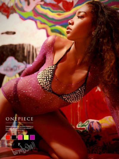 SALE￥1078→￥539！ ビジューストーンメッシュネットボディスーツ ダンス衣装【bombshell】(フリーサイズ)(ブラック/ピンク/イエロー/パープル/レッド)