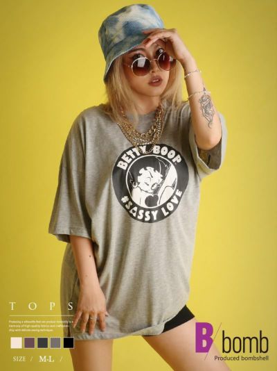【メール便対応】キャラクターブリント半袖Tシャツ【ダンス衣装通販bombshell/ボムシェル】(M-L)(ブラック/杢チャコールグレー/オフホワイト/モカ/杢グレー)