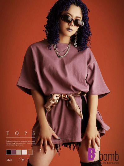 SALE￥1518→￥759！ サイドスリットボリューム半袖トップス【ダンス衣装通販bombshell/ボムシェル】(M)(オフホワイト/グレージュ/パープル/ブラック/ブラウン)