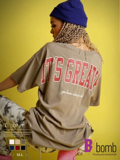 【メール便対応】ゆるダボバックロゴ半袖トップス【ダンス衣装通販bombshell/ボムシェル】(M-L)(ブラック/モカ/キナリ/ベージュ/インクブルー/レッド)