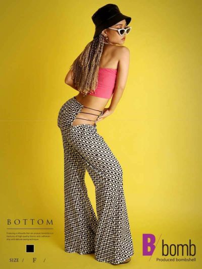紐ウエスト格子柄フレアパンツ ストリート系【B/bomb】(フリーサイズ)(ブラック)