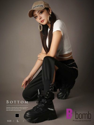 SALE￥2398→￥2158！ サルエルリング金具付きボトムス ストリート系【B/bomb】(L)(ブラック)