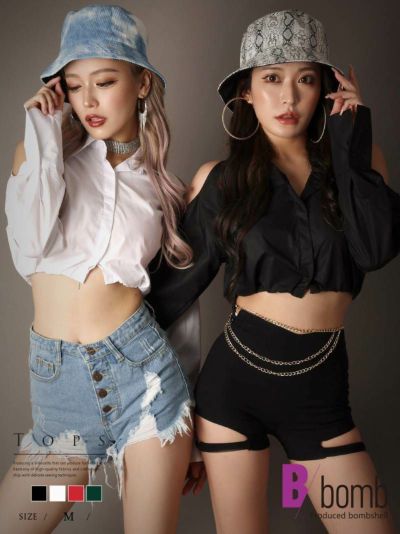 【メール便対応】ショート丈無地シャツ【ダンス衣装通販bombshell/ボムシェル】(M)(ブラック/ホワイト/ピンク/グリーン)