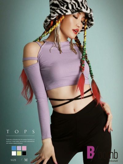 【メール便対応】セクシーカット入り長袖リブTシャツ【ダンス衣装通販bombshell/ボムシェル】(M)(ホワイト/パープル/ブラック/イエロー/ピンク/ブルー)