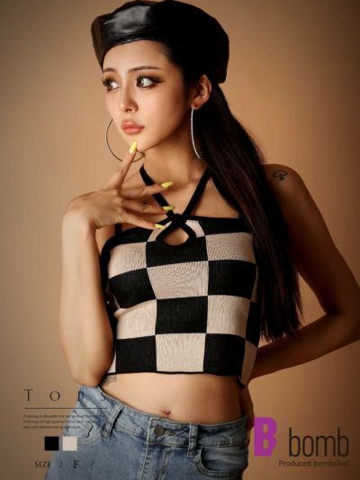 【メール便対応】チェッカーフラッグ柄ニットキャミソール【ダンス衣装通販bombshell/ボムシェル】(フリーサイズ)(ブラック/ベージュ)