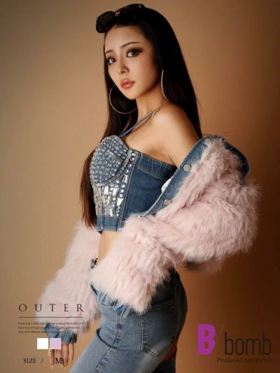 デニムポイント入りピンクファージャケット【ダンス衣装通販bombshell/ボムシェル】(M)(ピンク/ホワイト)
