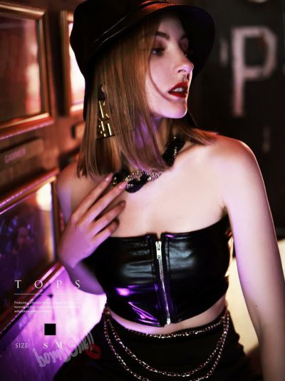 フェイクレザーフロントジッパーベアトップ ダンス衣装【bombshell】(S/M)(ブラック)