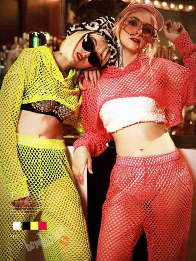 メッシュフーディーへそ出しトップス【ダンス衣装通販bombshell/ボムシェル】(フリーサイズ)(ブラック/ホワイト/イエロー/ピンク)