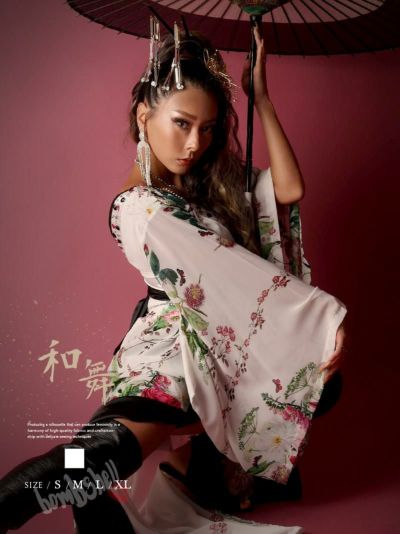 ホワイト花柄ビジュー付き花魁和装衣装 ダンス衣装【bombshell】(S/M/L/XL)(ホワイト)