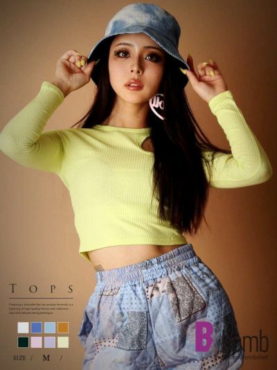 【メール便対応】ショート丈カットアウトリブカットソー【ダンス衣装通販bombshell/ボムシェル】(M)(ブラック/ホワイト/ブルー/オレンジ/ライトブルー/ピンク/イエロー/パープル)