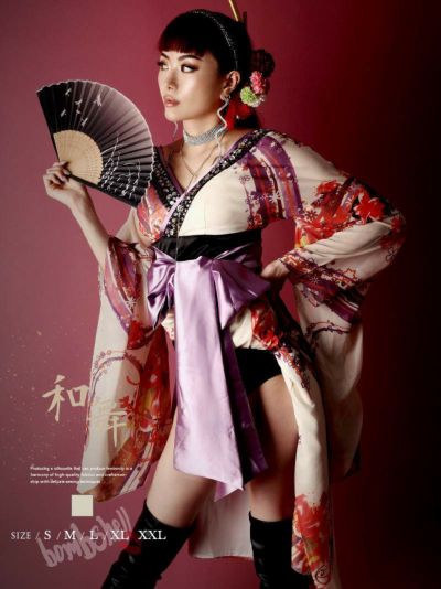 華やか花魁風シフォン着物ドレス ダンス衣装【bombshell】(S/M/L/XL/XXL)(ベージュ)