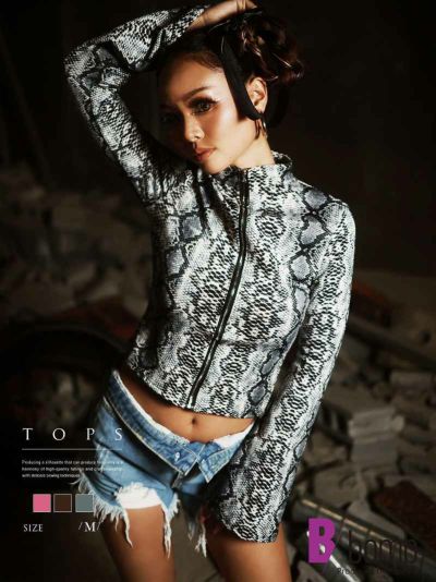 【メール便対応】パイソン柄フロントジップ長袖トップス【ダンス衣装通販bombshell/ボムシェル】(M)(グレー/ピンク/ブラウン)