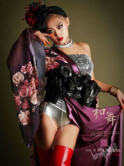 妖艶和柄花柄フラワー盛り帯シフォン和柄衣装 ダンス衣装【bombshell】(S/M/L/XL/XXL)(パープル)
