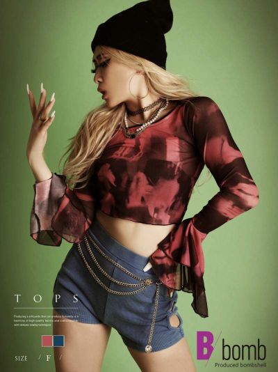 シースルータイダイ柄フレア袖トップス ストリート系【B/bomb】(フリーサイズ)(ピンク/ブルー)