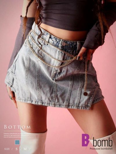 フェイクスカートショート丈デニムボトムス ストリート系【B/bomb】(S/M)(ブルー)