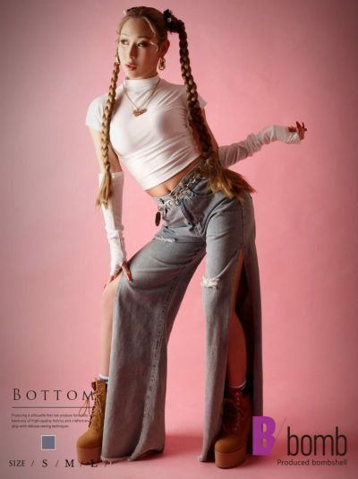 カットアウトスリット入りデニムパンツ【ダンス衣装通販bombshell/ボムシェル】(S/M/L)(ブルー)