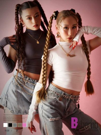 【SALE!￥1738→￥869】【メール便対応】アームウォーマー付きモックネックショート丈トップス【ダンス衣装通販bombshell/ボムシェル】(フリーサイズ)(ブラック/ホワイト/グレー/ピンク/ブラウン)