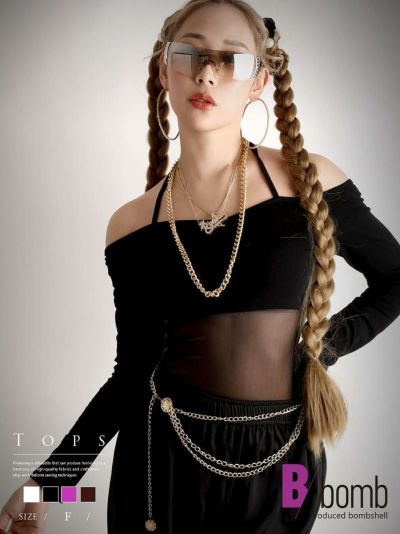 【メール便対応】Y2K無地メッシュオフショルカットソー【ダンス衣装通販bombshell/ボムシェル】(フリーサイズ)(ブラック/ホワイト/ピンク/ブラウン)