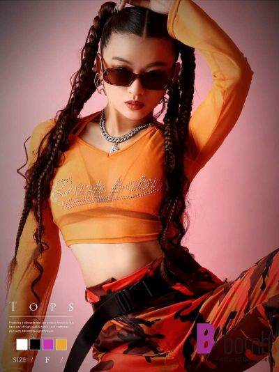 【メール便対応】派手色ショート丈長袖メッシュトップス【ダンス衣装通販bombshell/ボムシェル】(フリーサイズ)(ブラック/ピンク/ホワイト/オレンジ)