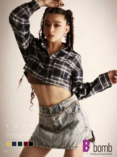 チェック柄シャツ長袖クロップド丈トップス【ダンス衣装通販bombshell/ボムシェル】(フリーサイズ)(グリーン/レッド/イエロー/ブルー/ホワイト)