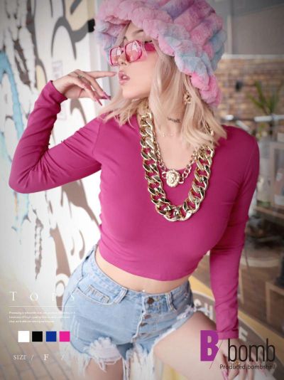 【メール便対応】ショート丈シンプル無地カットソー【ダンス衣装通販bombshell/ボムシェル】(フリーサイズ)(ブラック/ホワイト/ピンク/ブルー)