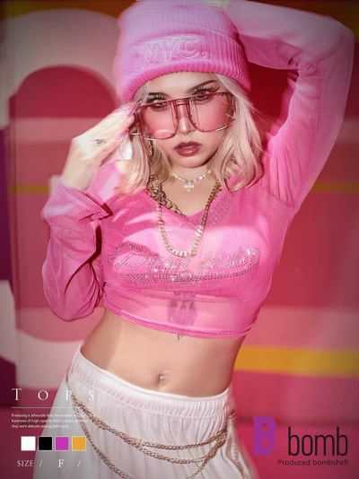 【メール便対応】ショート丈ストーンビジュー付き2点セットメッシュトップス【ダンス衣装通販bombshell/ボムシェル】(フリーサイズ)(ブラック/ピンク/ホワイト/オレンジ)