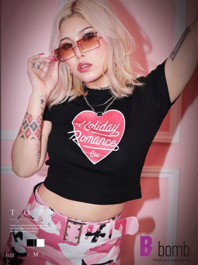 【メール便対応】ショート丈半袖プリントチビT【ダンス衣装通販bombshell/ボムシェル】(M)(ブラック/ホワイト)