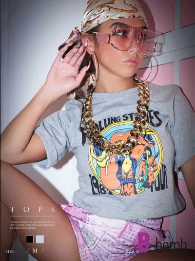 【メール便対応】クロップドロックプリント柄Tシャツ【ダンス衣装通販bombshell/ボムシェル】(M)(ブラック/グレー)