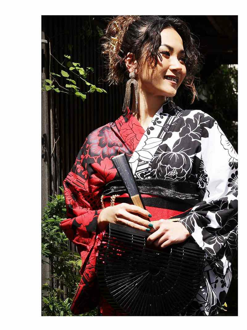 浴衣 半身柄赤黒×黒白高級浴衣2点セット ストリート系【B/bomb