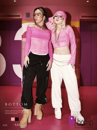 カーゴパンツ英字ロゴストラップ付きサイドポケットボトムス ストリート系【B/bomb】(XXL)(ブラック/ピンク)