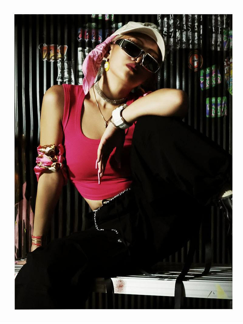 ショッキングピンクタンクトップセットアップ2wayワイドパンツ