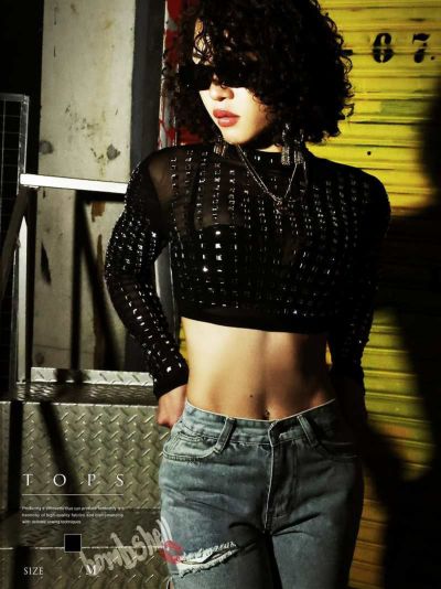 キラキラビジュー付きシースルー長袖クロップド丈トップス ダンス衣装【bombshell】(M)(ブラック)