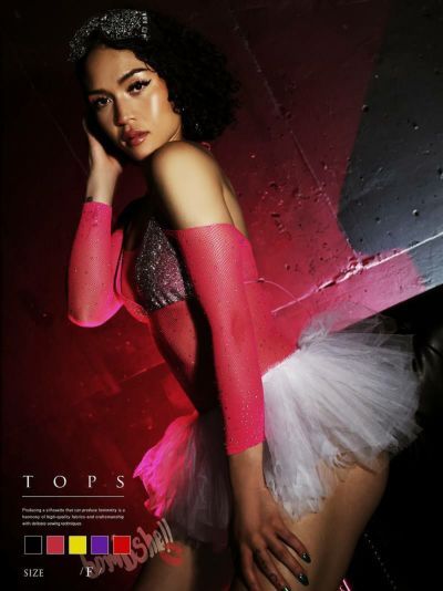 キラキラメッシュレオタード長袖セクシー衣装 ダンス衣装【bombshell】(フリーサイズ)(ブラック/ピンク/イエロー/パープル/レッド)