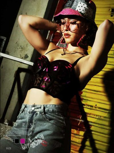 【SALE!￥2948→￥1474】シースルー肌見せキラキラスパンコールビスチェ ダンス衣装【bombshell】(M)(シルバー/ピンク)