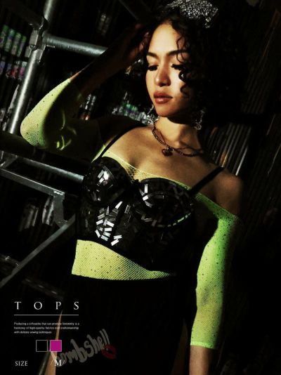 キラキラスパンコールが輝くコルセット風キャミソール ダンス衣装【bombshell】(M)(シルバー/ピンク)