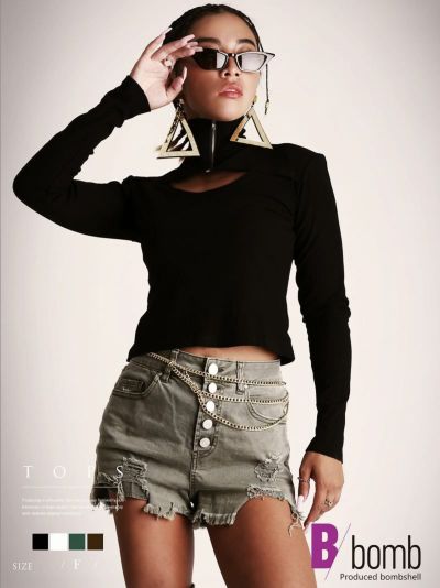 SALE￥2398→￥1199！ かっこいいインポート風トップス長袖カットソー ストリート系【B/bomb】(フリーサイズ)(ブラック/ホワイト/ブラウン/グリーン)
